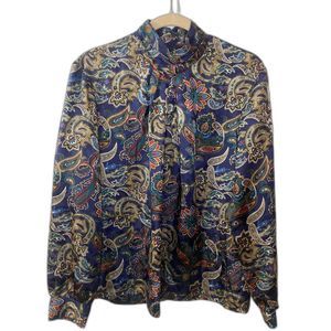 Vintage Y2K Whimsigoth Silky Navy Blue Turtleneck Blouse Paisley Print Blouse